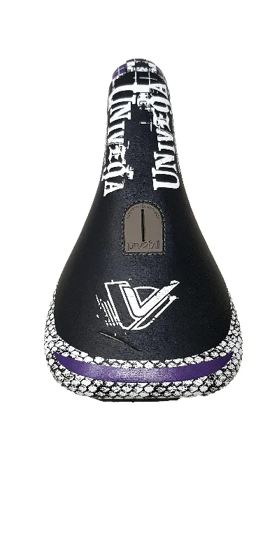 bicycle workshop tools-UNIVEGA BMX PIVOTAL SADDLE BIKE SEAT LIGHTWEIGHT BLACK & WHITE, PURPLE TRIM